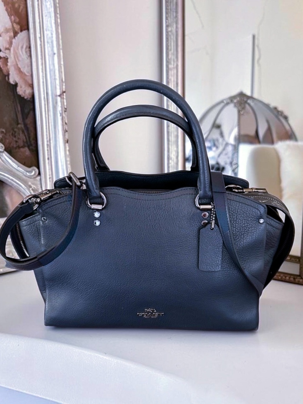 COACH Drew Satchel Navy Pebbled Leather with Snakeskin Trim